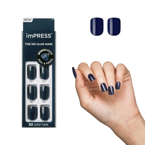 KISS imPRESS No Glue Mani Press On Nails, Color, 'Graytitude', Blue, Short Size, Squoval Shape, Includes 30 Nails, Prep Pad, Instructions Sheet, 1 Manicure Stick, 1 Mini File