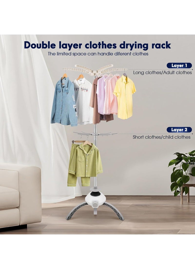 والالا مجفف ملابس كهربائي محمول داخلي من طبقتين، تسخين ثابت بزاوية 360 درجة، شماعة مزدوجة للمعاطف، مجفف ملابس ساخن، رف غسيل وتجفيف مع توقيت متعدد التروس - Image 4