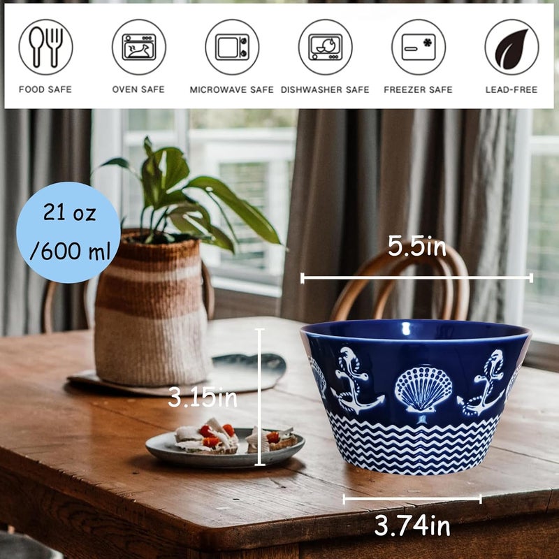 Blue Ceramic Bowl 55 Large Soup Bowls Sea Nautical Theme Helm Anchor Blue Bowl Home Kitchen Birthday Christmas Housewarming GiftBowls for SaladChipCerealPastaRamen 21oz A2pcs - Image 2