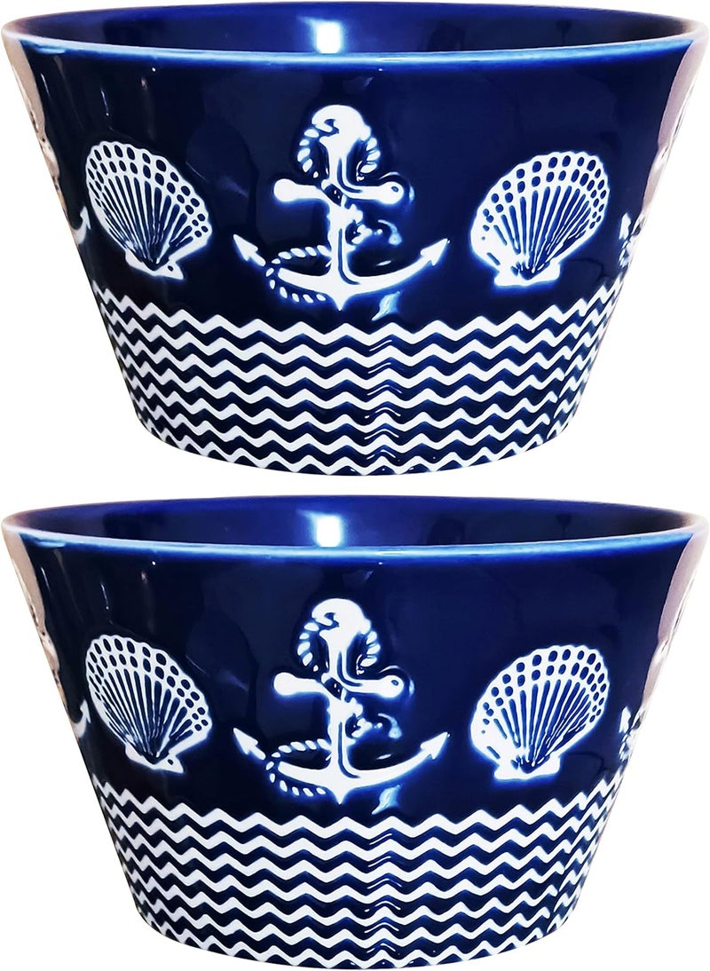 Blue Ceramic Bowl 55 Large Soup Bowls Sea Nautical Theme Helm Anchor Blue Bowl Home Kitchen Birthday Christmas Housewarming GiftBowls for SaladChipCerealPastaRamen 21oz A2pcs - Image 1