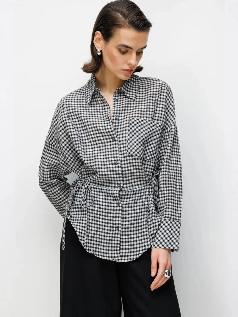 ميكسراي MIXRAY Long Sleeve Gingham Checked Shirt with Tie Detail