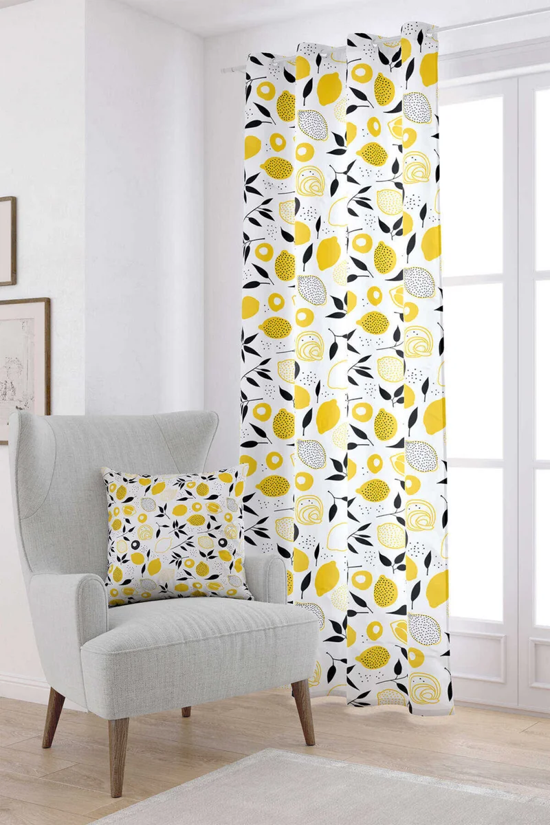 Cango Home White Yellow Lemon Patterned Digital Printed Curtain OYTYK929-PR