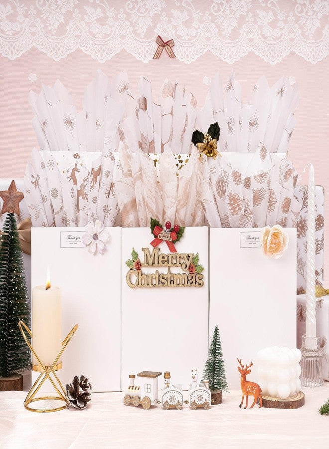 Larcenciel 50 Sheets Christmas Tissue Paper for Gift Bags 27.6x19.7 inch, Rose Gold Wrapping Tissue for Gifts, Metallic Glitter Design, Pinecone Deer Xmas Tissue Paper for Holiday New Year Party Craft - Image 2