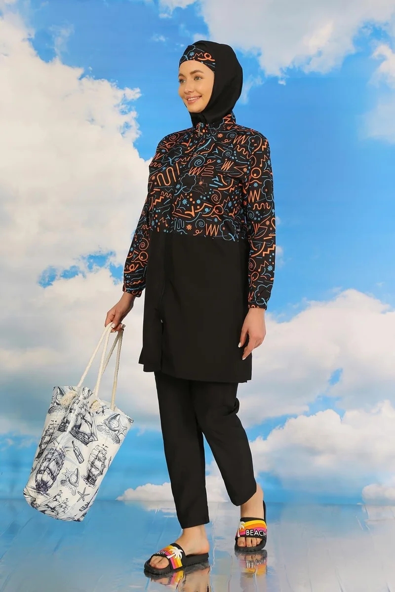 اكبينيز Women's Patterned Full Hijab Swimsuit with Trousers Black 31075
