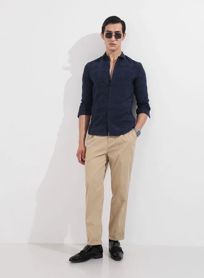 The Indian Garage Co Men Slim Fit Textured Round Neck Full Sleeves Shirt