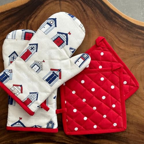 Oak & Lily Combo Set of Oven Mittens & Pot Holders | 100% Cotton | Heat Resistant & Cushioned | Washable | European Quality | for Cooking, Baking, BBQ & Microwave Use (in House and Polka Dot Print) - Image 1