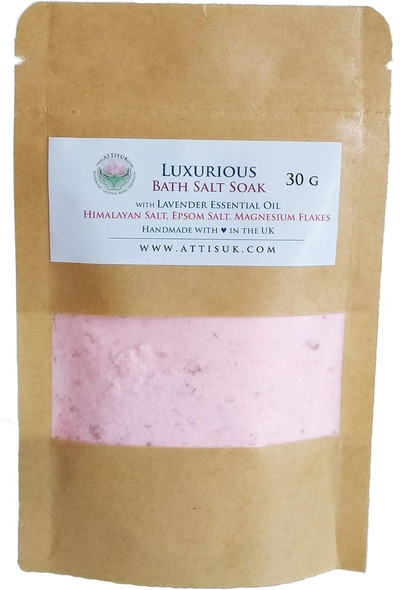 ATTIS Luxurious Bath Salt Soak with Lavender Essential Oil Pink Himalayan Salt Magnesium Flakes Epsom Salt Vegan Hand made Relaxing Refreshing Calming Rejuvenating 30g