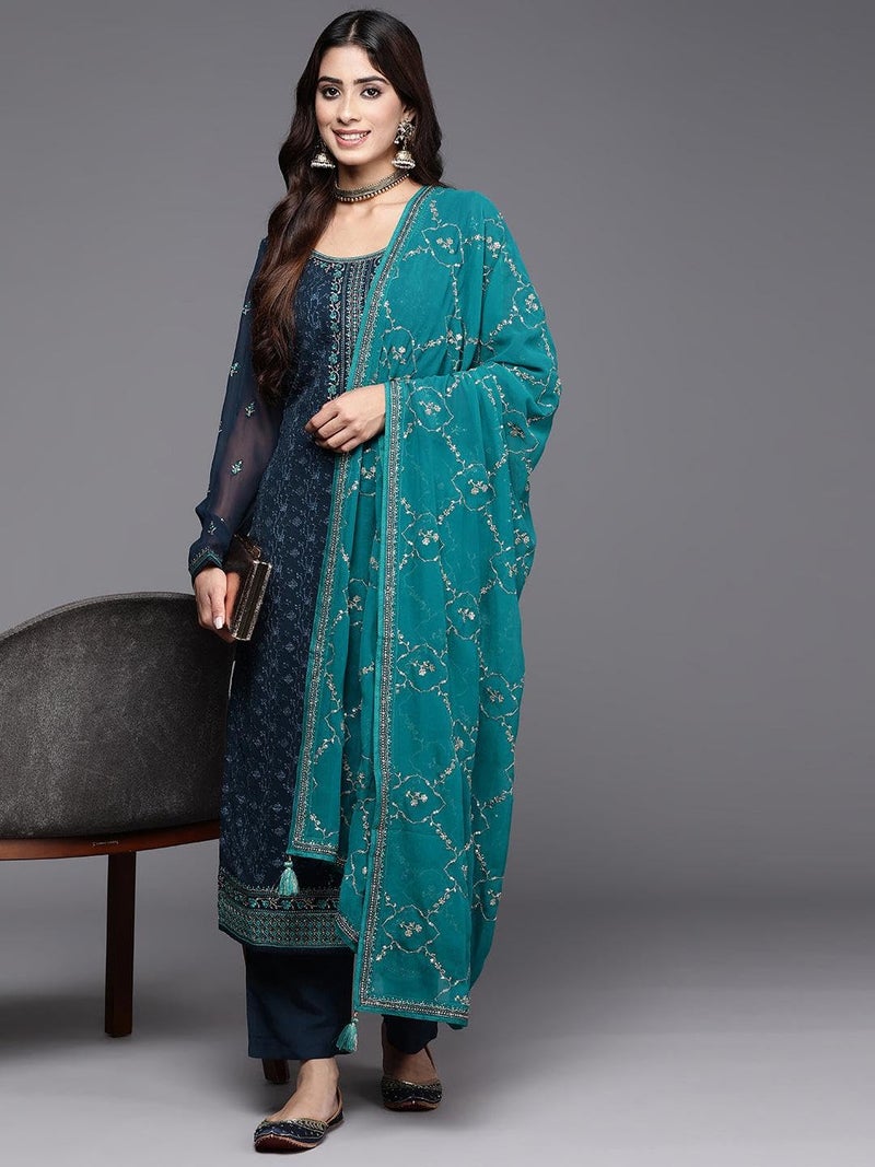 Libas Womens Embroidered Georgette Straight Kurta With Trousers and Dupatta - Image 4