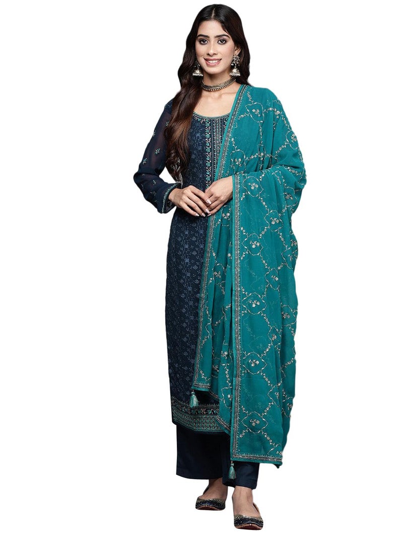 Libas Womens Embroidered Georgette Straight Kurta With Trousers and Dupatta - Image 1
