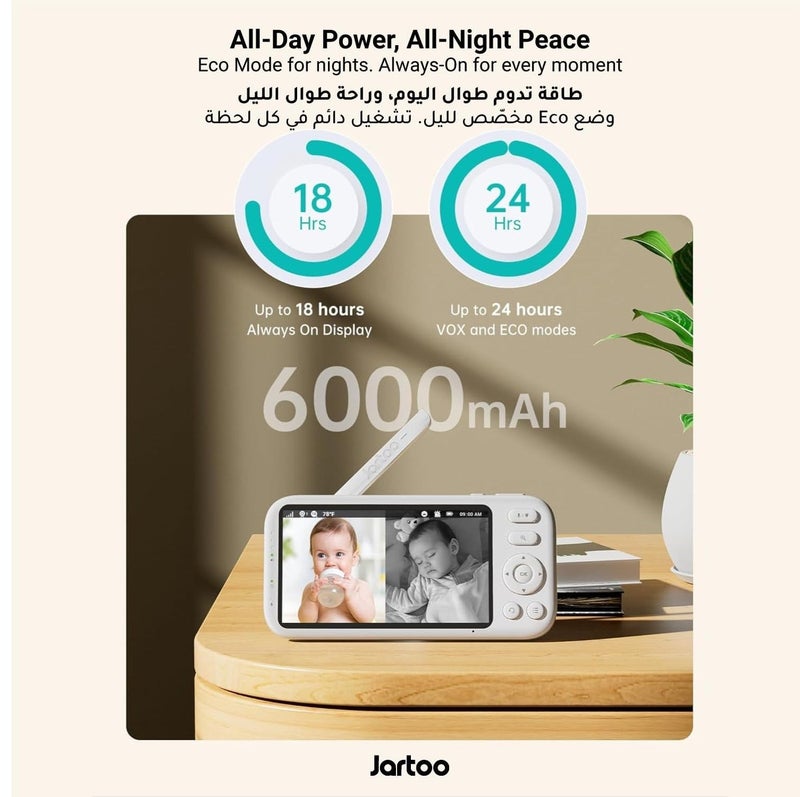 Jartoo مراقب الأطفال بالفيديو Jartoo 2K مع كاميرا وصوت، مدى طويل 1860 قدم، مراقب أطفال بدون واي فاي، شاشة FHD 5.5 بوصة، كاميرا أطفال لاسلكية، ساعة تغذية، رؤية ليلية، حديث ثنائي الاتجاه، كشف بكاء بالذكاء الاصطناعي، 6000mAh - Image 3