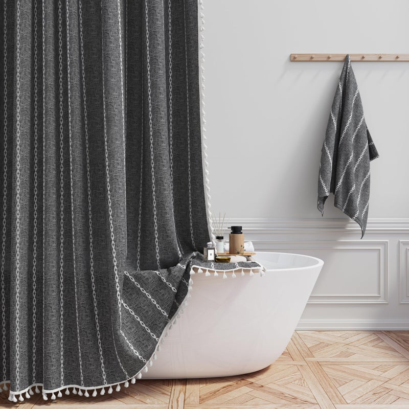 BTTN Boho Farmhouse Shower Curtain - Linen blend Rustic Striped Fabric Shower Curtain Set with Tassel, Water Repellent, Bohemian Vintage Country Cloth Shower Curtain for Bathroom, Charcoal Grey, 72x72 - Image 1