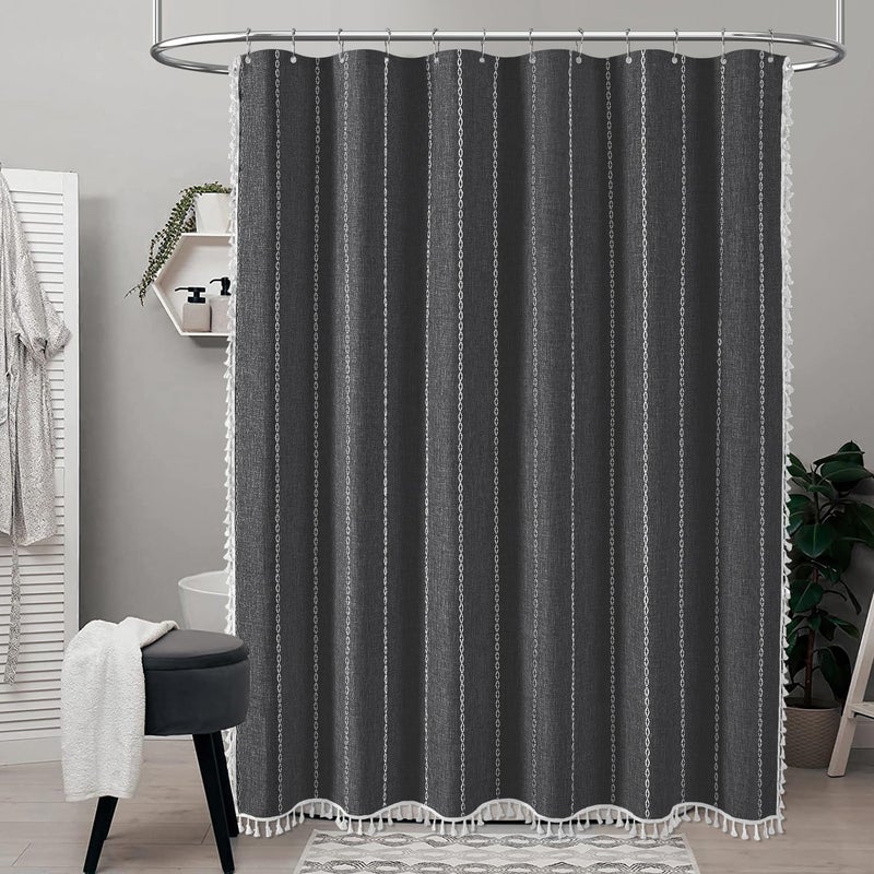 BTTN Boho Farmhouse Shower Curtain - Linen blend Rustic Striped Fabric Shower Curtain Set with Tassel, Water Repellent, Bohemian Vintage Country Cloth Shower Curtain for Bathroom, Charcoal Grey, 72x72 - Image 2