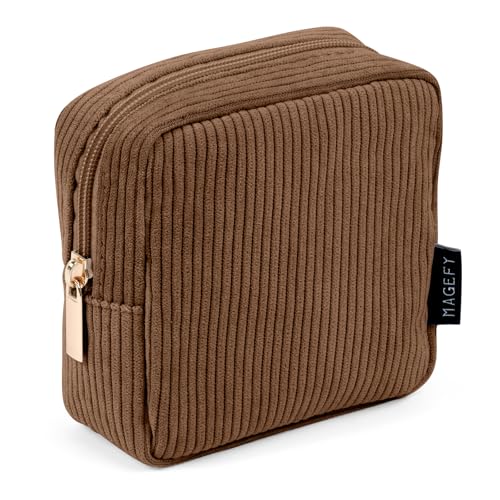 MAGEFY Small Makeup Bag for Purse Mini Cosmetics Bag Corduroy Cute Cosmetic Pouch for Women with Slip-in Pockets (Brown) - Image 1