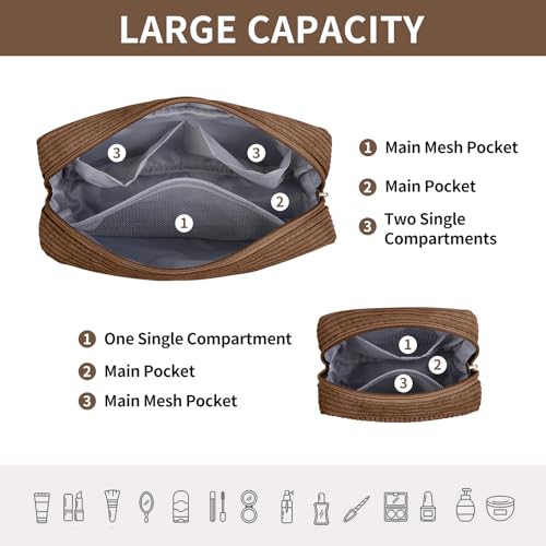 MAGEFY Small Makeup Bag for Purse Mini Cosmetics Bag Corduroy Cute Cosmetic Pouch for Women with Slip-in Pockets (Brown) - Image 5