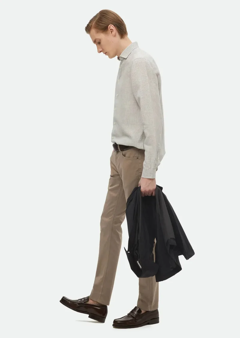 RAMSEY Hard Coal Striped Regular Fit Weaving Casual Linen Blended Shirt