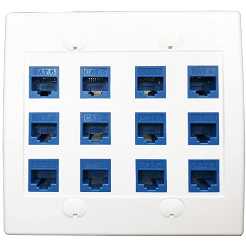 DIYTECH 12 Port Ethernet Wall Plate, Cat 6, Wall Outlet, RJ45 Female to Female Keystone Jacks - White - Image 2