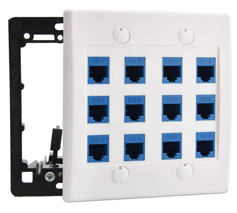 DIYTECH 12 Port Ethernet Wall Plate, Cat 6, Wall Outlet, RJ45 Female to Female Keystone Jacks - White - Image 1