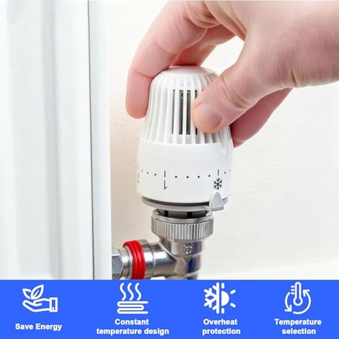SET OF 2 THERMOSTATIC VALVE THERMOSTATIC HEAD, 1/2 INCH THERMOSTATIC VALVE WITH THREAD CONNECTION, THERMOSTAT SET, RETURN FITTING 1/2 INCH PASSAGE RADIATOR VALVE, HEATING VALVE (WHITE) - Image 3