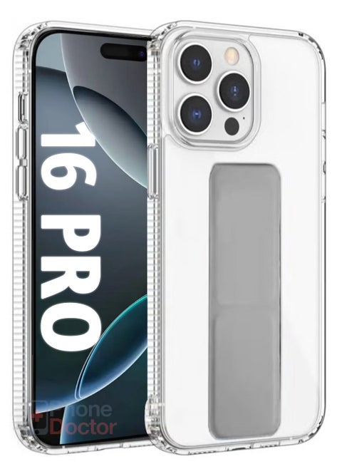 Case Cover For Apple iPhone 16 Pro With Magnetic Hand Grip 3 in 1 Clear / Grey