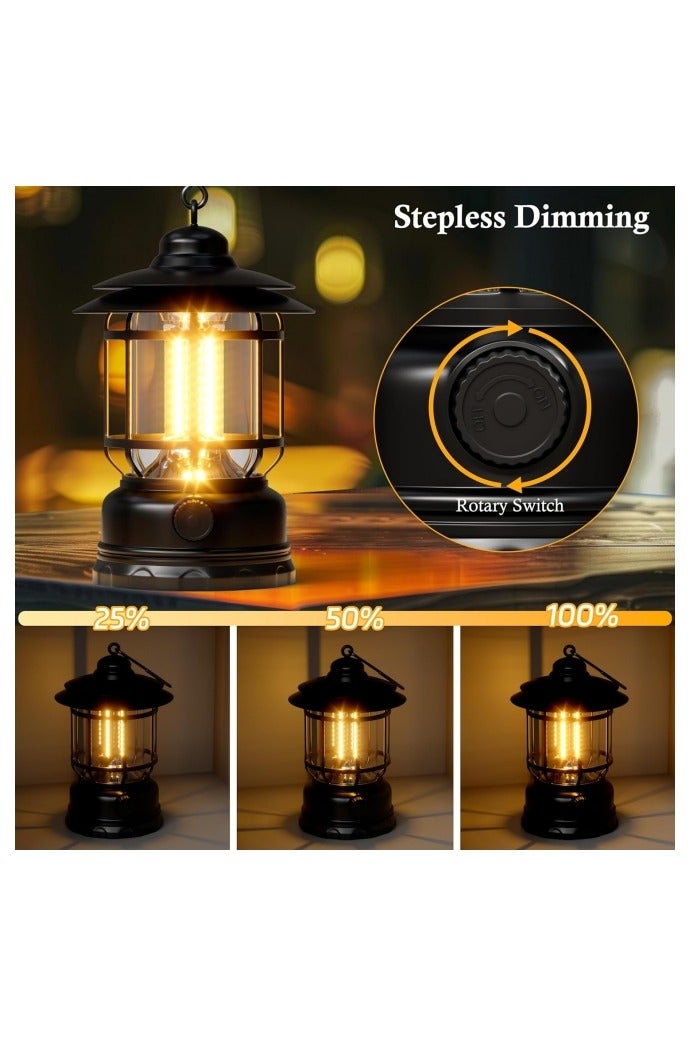 Camping Lanterns Rechargeable, Portable Electric LED Camping Lights Outdoor Hanging Tent Light Vintage Tabletop Lantern Decor Stepless Dimming Waterproof for Camping, Power Outages, Indoor (Black) - Image 2
