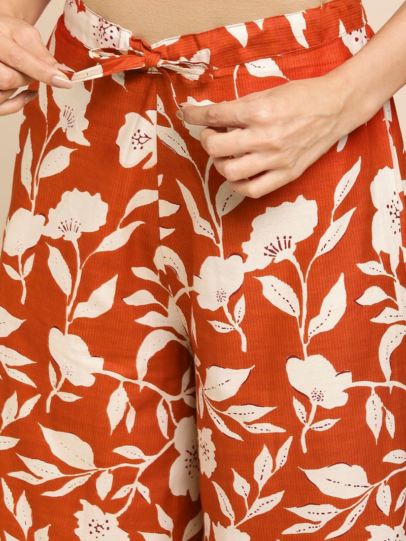 RATAN Women's Cotton Printed Loose Fit Flared Wide Leg Mid Rise Palazzo Pants (CFP-Rust-X-Large) - Image 4