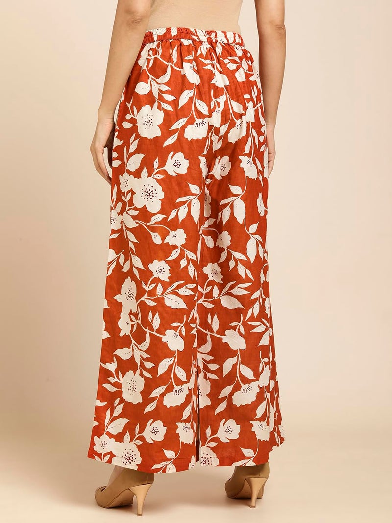 RATAN Women's Cotton Printed Loose Fit Flared Wide Leg Mid Rise Palazzo Pants (CFP-Rust-X-Large) - Image 3
