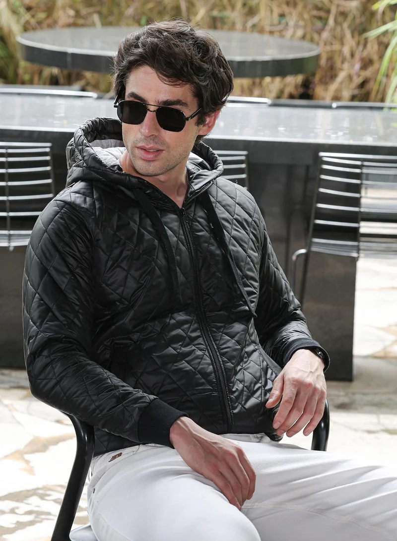 Campus Sutra Men Diamond-Quilted Puffer Jacket | Hooded Neck, Long Ribbed Cuff Sleeves | Zipper , Ribbed-Straight Hem | Solid Quilted | Woven Fabric For Casual & Daily Wear | Obsidian Black