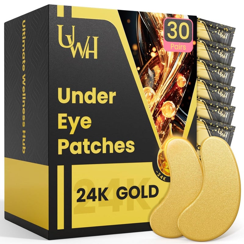 UWH 30 زوج من لاصقات تحت العين للهالات السوداء والعيون المنتفخة مع جل مدعم بذهب 24 قيراط للعناية بالبشرة لعلاج أكياس العين للنساء مثالي للعناية بالجمال 30 زوج 24 قيراط ذهب - Image 1