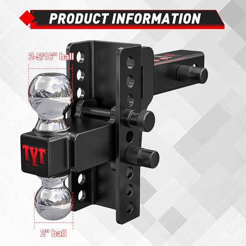 TYT Adjustable Truck Trailer Hitch for 2.5 inch Receiver, 6" Drop/Rise Tow Hitch with Dual Balls (2" & 2-5/16"), Includes Two Pin Locks & Hitch Tightener - Image 3