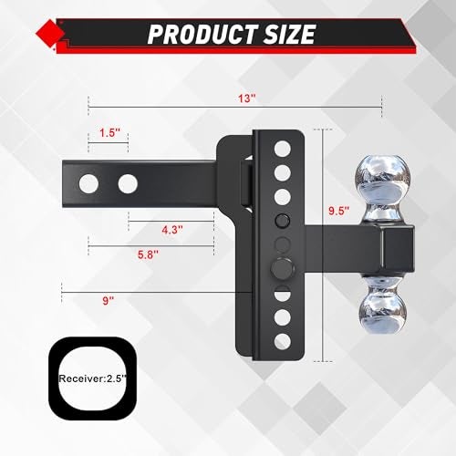 TYT Adjustable Truck Trailer Hitch for 2.5 inch Receiver, 6" Drop/Rise Tow Hitch with Dual Balls (2" & 2-5/16"), Includes Two Pin Locks & Hitch Tightener - Image 2