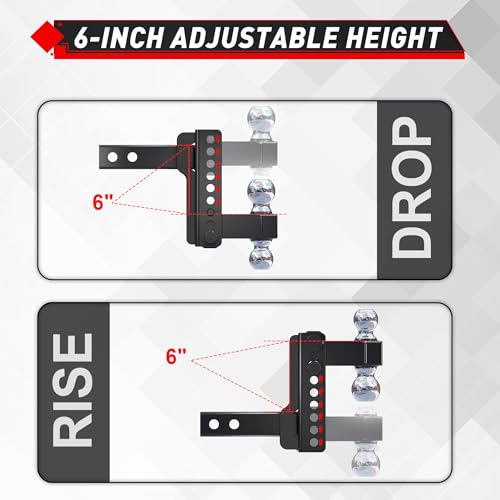 TYT Adjustable Truck Trailer Hitch for 2.5 inch Receiver, 6" Drop/Rise Tow Hitch with Dual Balls (2" & 2-5/16"), Includes Two Pin Locks & Hitch Tightener - Image 5