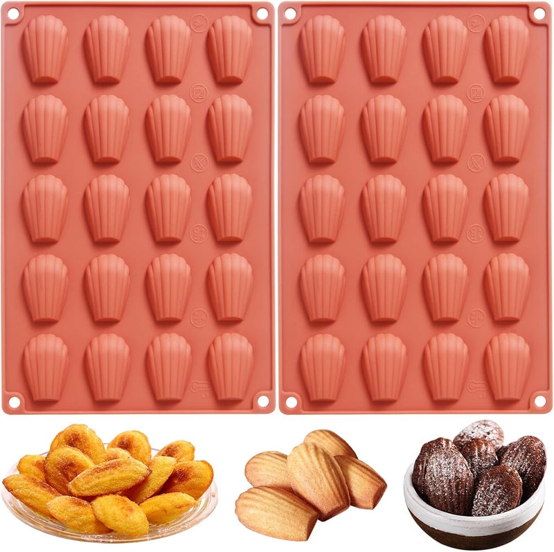 Fchil 2Pcs Madeleine Pans for Baking, 40-Cavity Nonstick Shell Shaped Baking Tray, Madeleine Silicone Mold Cookie Pan for Cake Chocolate Candy, 11.8 x 7.6 x 0.5 inches, Terracotta - Image 1