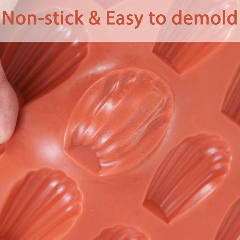 Fchil 2Pcs Madeleine Pans for Baking, 40-Cavity Nonstick Shell Shaped Baking Tray, Madeleine Silicone Mold Cookie Pan for Cake Chocolate Candy, 11.8 x 7.6 x 0.5 inches, Terracotta - Image 3