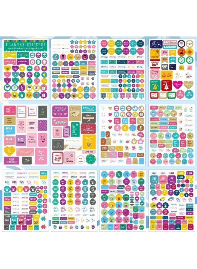 Premify 12 Sheets Essentials Planner Stickers, Weekly & Daily Travel Business Trips Parties Goals, Encouragement Planning Notes, Stunning Various Designs (650 Stickers) - Image 1
