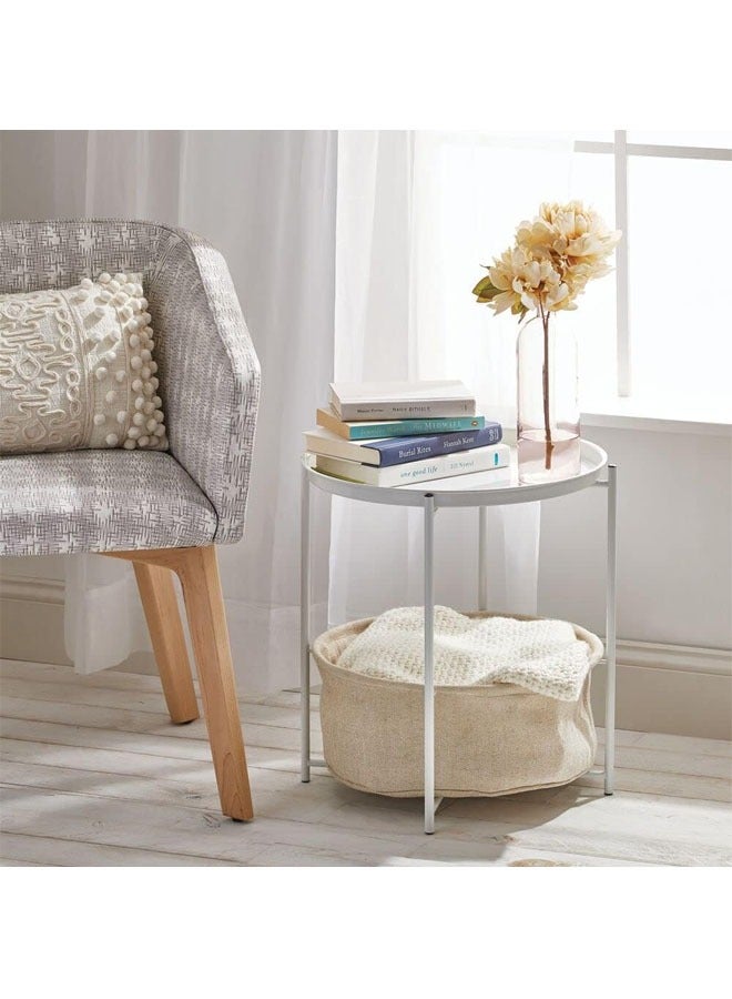 NKX Solid wood round table small coffee table white iron plate top with khaki cloth bag  - Image 3