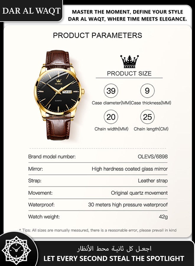 أوليفز ساعة رسمية رجالية من OLEVS – كوارتز أنالوج، حزام جلد بني، وجه أسود، مقاومة للماء - Image 5