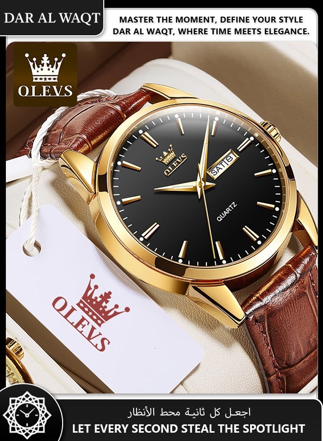 أوليفز ساعة رسمية رجالية من OLEVS – كوارتز أنالوج، حزام جلد بني، وجه أسود، مقاومة للماء - Image 3