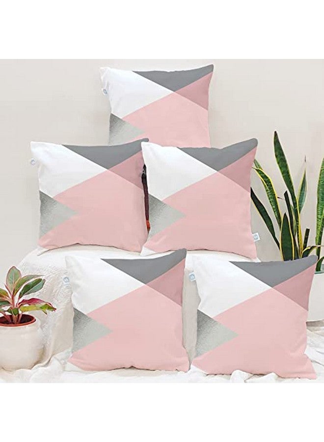 STITCHNEST Set of 5 Polycotton Cushion Covers - 16x16 Inches - Pink, Grey & White Geometric Triangle Design - Modern Sofa Cushion Covers for Living Room & Bedroom Decor - Image 1