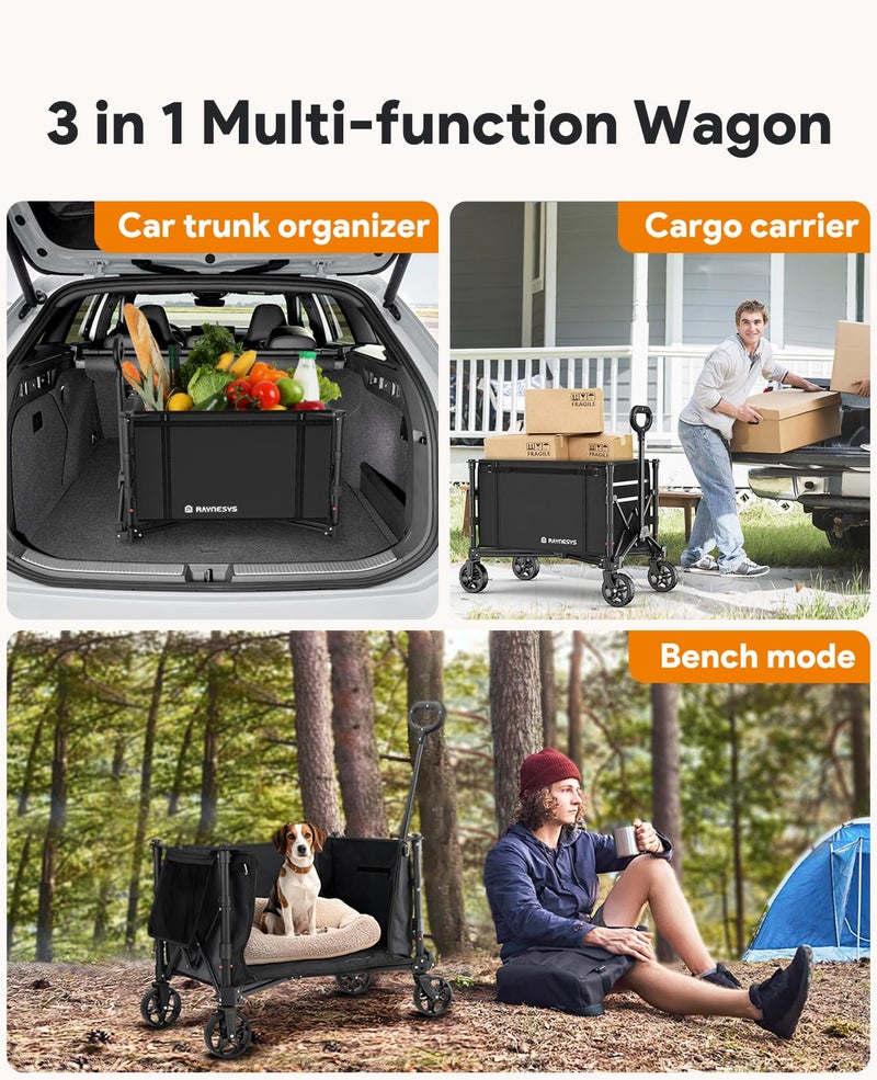 Raynesys 3 in 1 Collapsible Wagon Converts to Bench, 220lbs Foldable Wagon Cart with Wheels, 120L Shopping Cart for Groceries Folding Utility Wagon for Beach, Garden, Camping, Sport, Black - Image 2