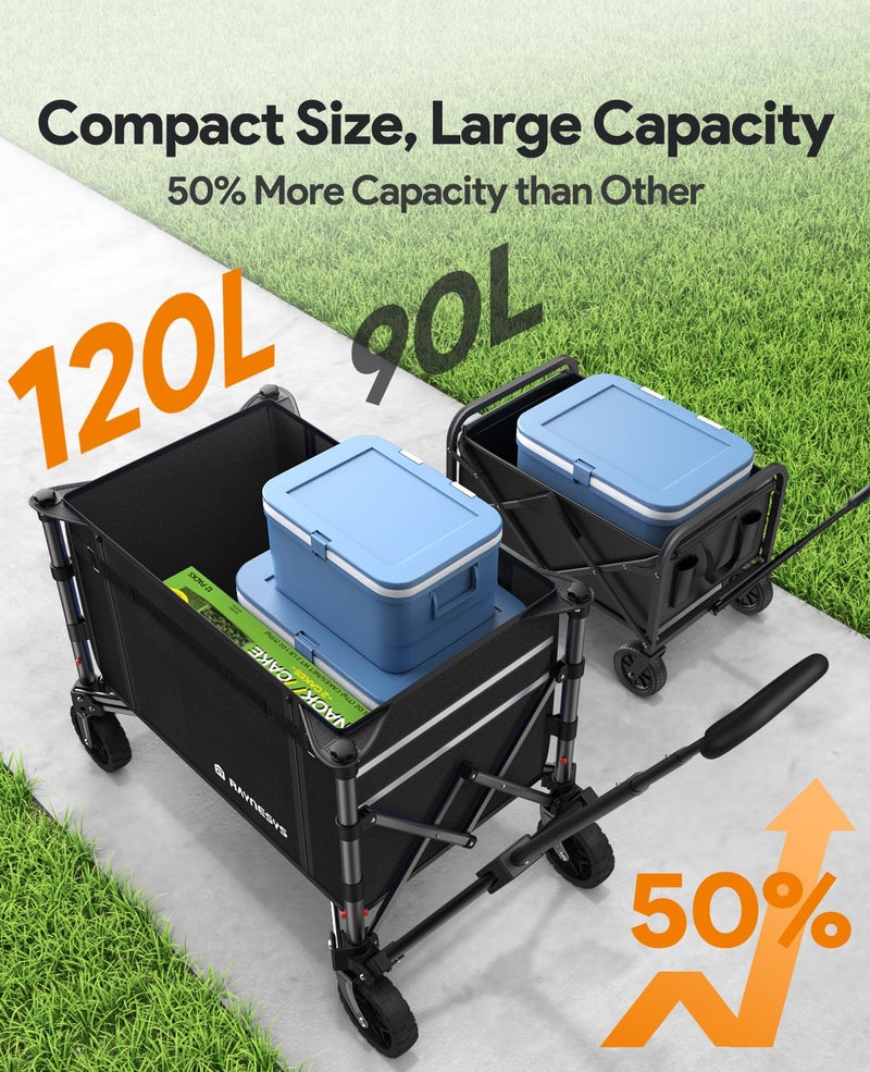 Raynesys 3 in 1 Collapsible Wagon Converts to Bench, 220lbs Foldable Wagon Cart with Wheels, 120L Shopping Cart for Groceries Folding Utility Wagon for Beach, Garden, Camping, Sport, Black - Image 3