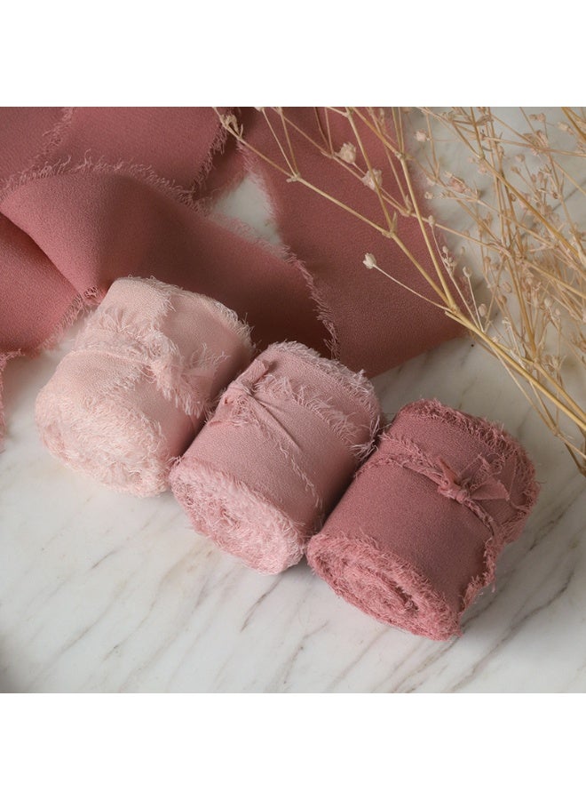 3 Rolls Handmade Fringe Chiffon Silk Ribbon Raw-Edge Satin Ribbon Wedding Flower Tie Bouquet Ribbon Pink Series - Image 1