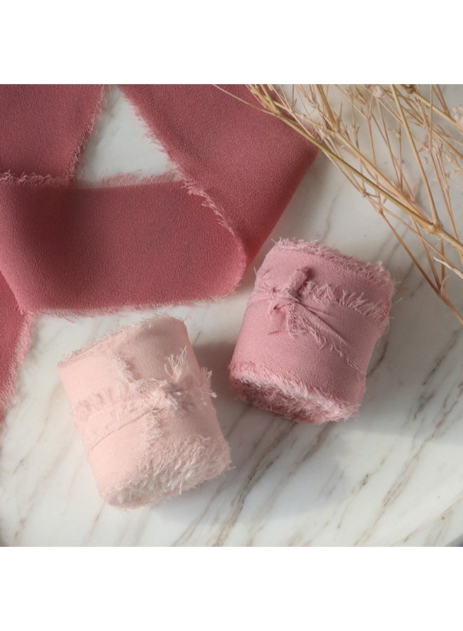 3 Rolls Handmade Fringe Chiffon Silk Ribbon Raw-Edge Satin Ribbon Wedding Flower Tie Bouquet Ribbon Pink Series - Image 2