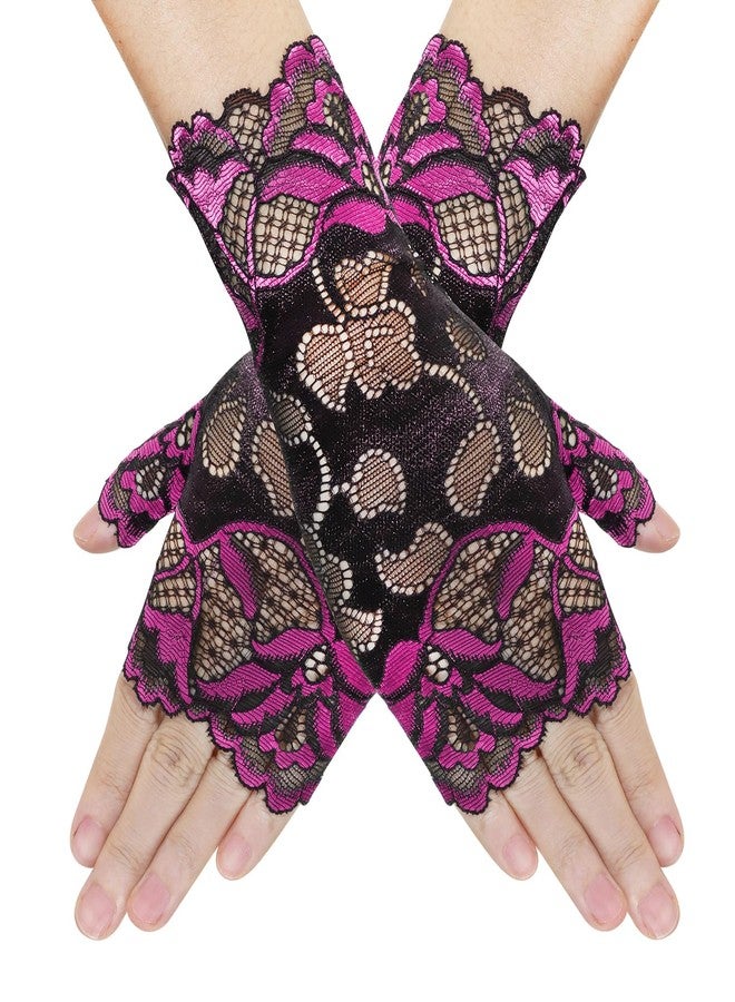 PPhtony Women Short Lace Gloves 80s Opera Evening Wedding Sunblock Fingerless Bridal Floral Gloves for Girl Halloween Cosplay (Rose Red & Black) - Image 1