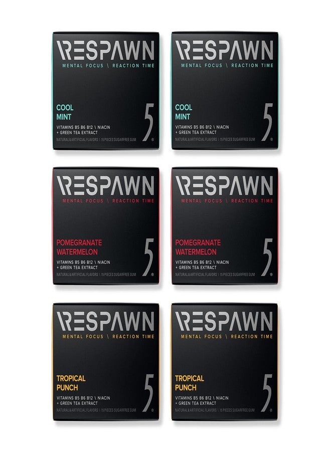 RESPAWN By 5 Mental Focus Gum - Variety Pack - Cool Mint, Pomegranate Watermelon, Tropical Punch - Sugar-Free Chewing Gum - For Gamers. By Gamers. - 6 Packs - 90 Sticks - Image 1