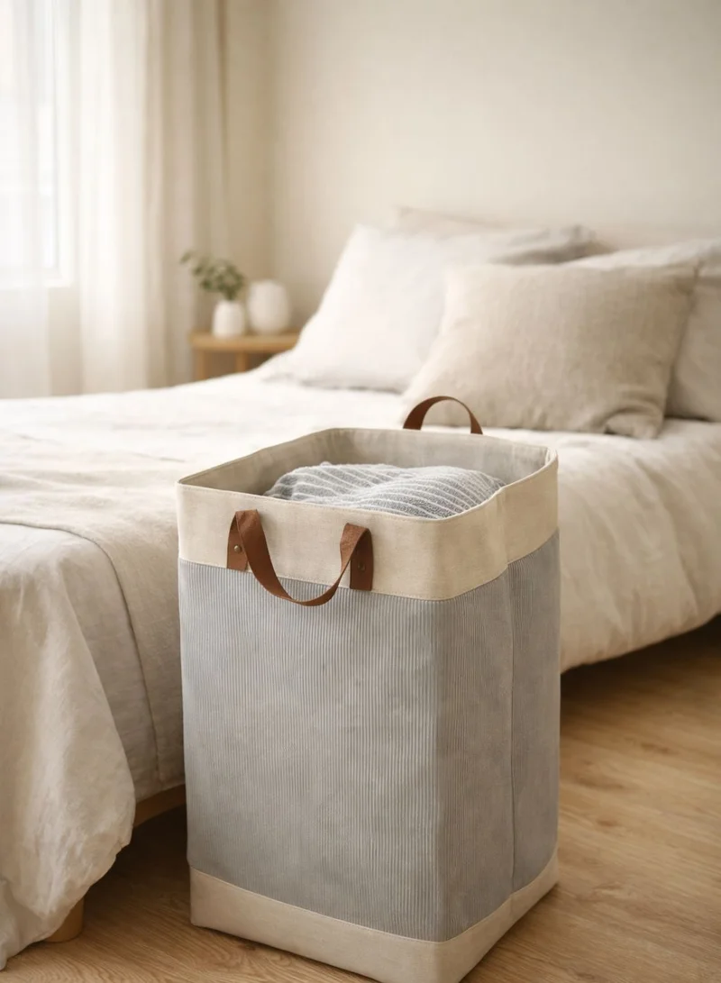 1Chase Grey Foldable Velvet Laundry Basket 60L with Leather Handles – Natural Jute Style Storage Bin for Clothes, Blankets & Home Organization, Grey  | Best Price UAE