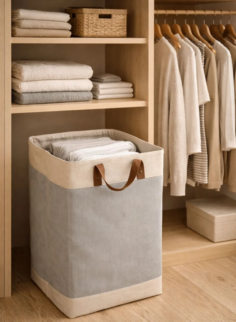 1Chase Foldable Velvet Laundry Basket 60L with Leather Handles – Natural Jute Style Storage Bin for Clothes, Blankets & Home Organization, Grey