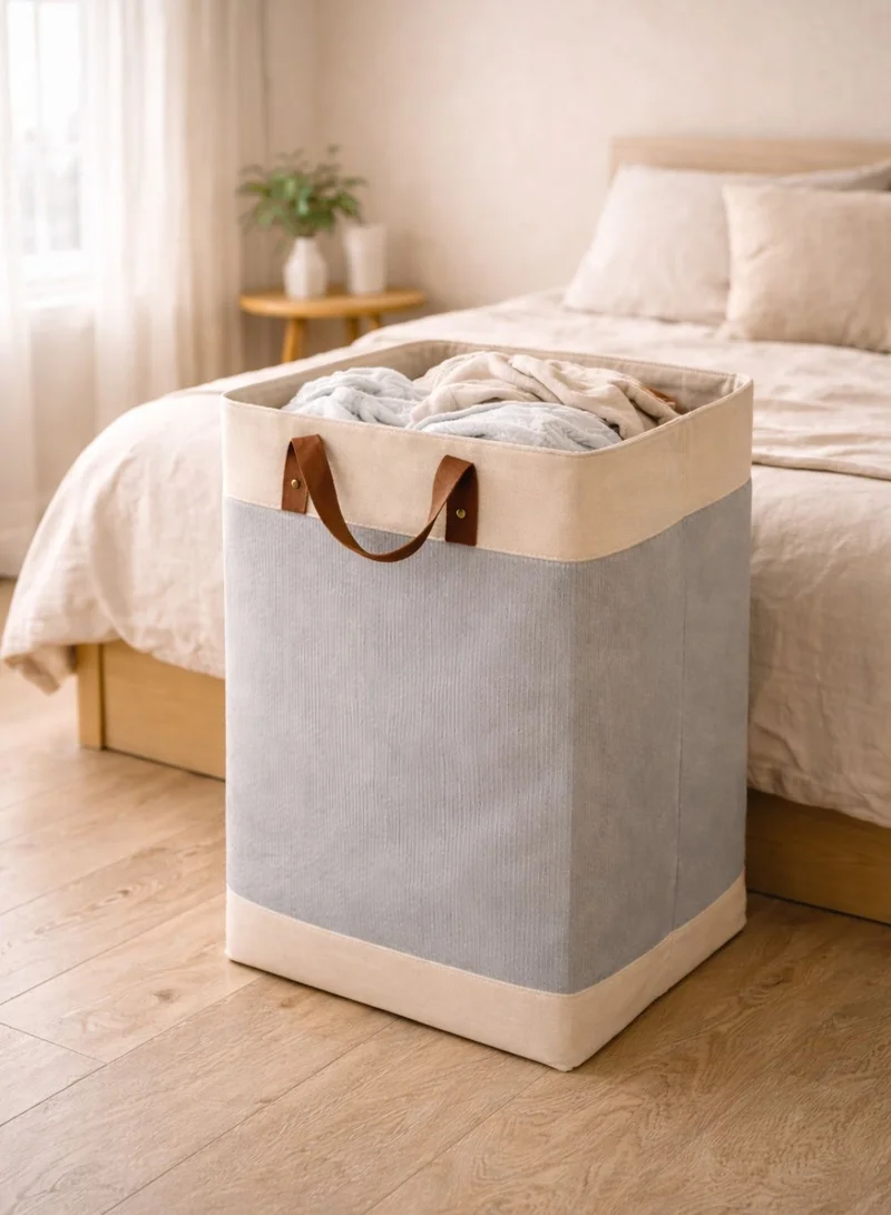 1Chase Foldable Velvet Laundry Basket 60L with Leather Handles – Natural Jute Style Storage Bin for Clothes, Blankets & Home Organization, Grey