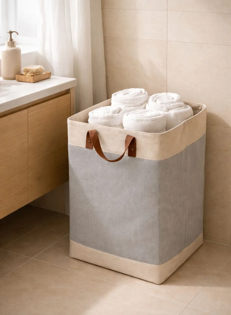 1Chase Grey Foldable Velvet Laundry Basket 60L with Leather Handles – Natural Jute Style Storage Bin for Clothes, Blankets & Home Organization, Grey  | Best Price UAE