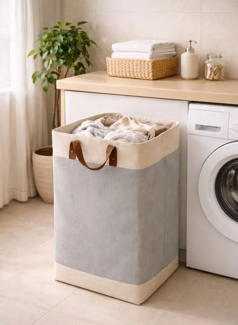 1Chase Grey Foldable Velvet Laundry Basket 60L with Leather Handles – Natural Jute Style Storage Bin for Clothes, Blankets & Home Organization, Grey  | Best Price UAE