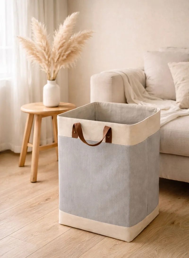1Chase Grey Foldable Velvet Laundry Basket 60L with Leather Handles – Natural Jute Style Storage Bin for Clothes, Blankets & Home Organization, Grey  | Best Price UAE